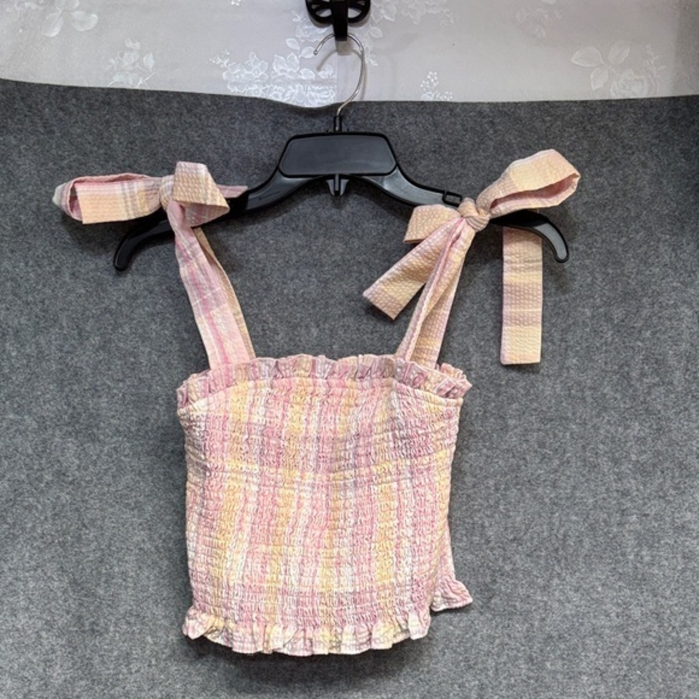 TCEC True Happiness Smocked Tie-Shoulder Crop Top - Pastel Pink Multicolor S